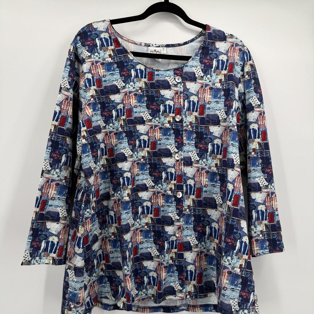 Parsley & Sage Shirt Womens 1X‎ Blue Denim Print Button Front Long Sleeve Tunic